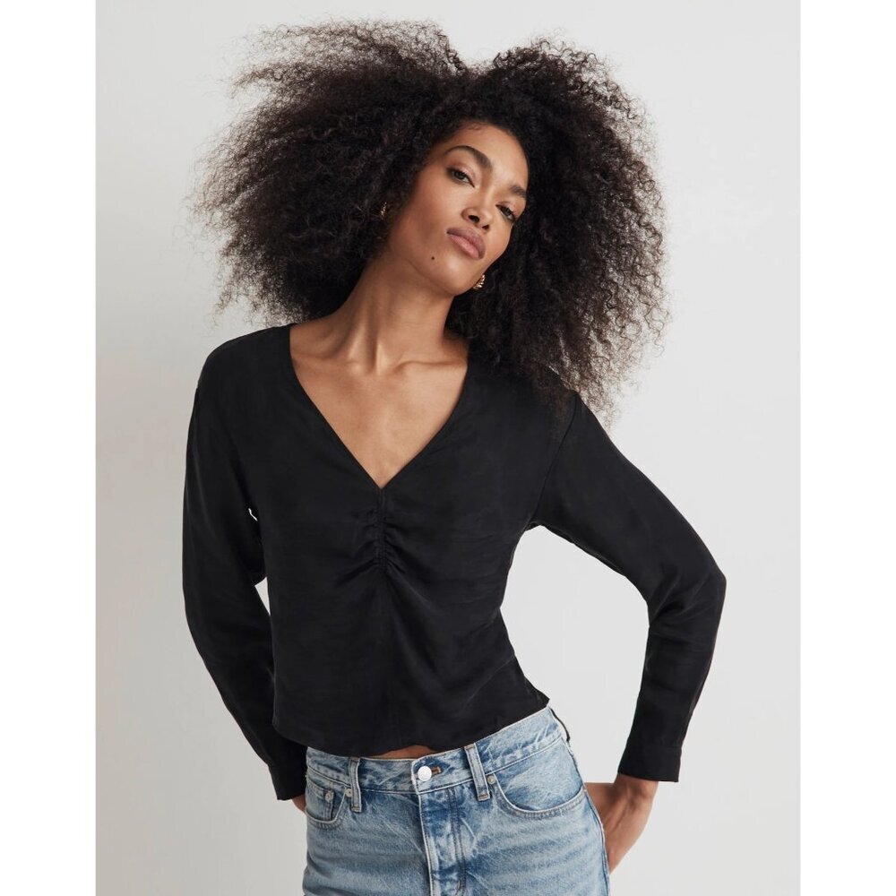 Madewell Brushed Ruched-Front Top in Black 2 New Womens Blouse - Picture 1 of 12